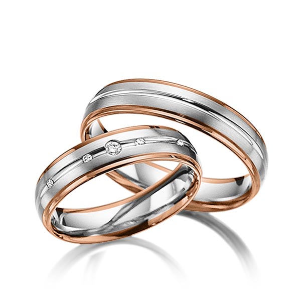 Set Bicolor trouwringen in roodgoud 14 kt. grijsgoud 14 kt. met in totaal 0,062 ct. Briljant tw/si van acredo - A-3015-2 Set Bicolor trouwringen in roodgoud 14 kt. grijsgoud 14 kt. met in totaal 0,062 ct. Briljant tw/si van acredo - A-3015-2
