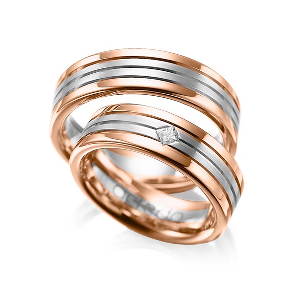 Set Bicolor trouwringen in roodgoud 14 kt. grijsgoud 14 kt. met in totaal 0,08 ct. Princess-Diamant tw/si van acredo - A-1023-3 Set Bicolor trouwringen in roodgoud 14 kt. grijsgoud 14 kt. met in totaal 0,08 ct. Princess-Diamant tw/si van acredo - A-1023-3