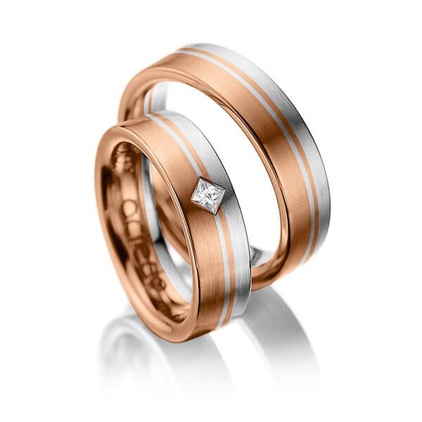 Set Bicolor trouwringen in roodgoud 14 kt. grijsgoud 14 kt. met in totaal 0,1 ct. Princess-Diamant tw/si van acredo - A-1020-9 Set Bicolor trouwringen in roodgoud 14 kt. grijsgoud 14 kt. met in totaal 0,1 ct. Princess-Diamant tw/si van acredo - A-1020-9
