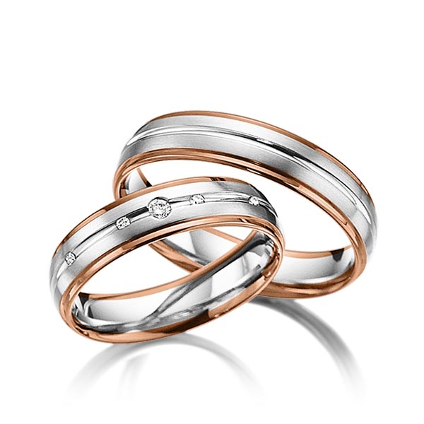 Set Bicolor trouwringen in roodgoud 14 kt. witgoud 14 kt. met in totaal 0,062 ct. Briljant tw/si van acredo - A-3015-1 Set Bicolor trouwringen in roodgoud 14 kt. witgoud 14 kt. met in totaal 0,062 ct. Briljant tw/si van acredo - A-3015-1