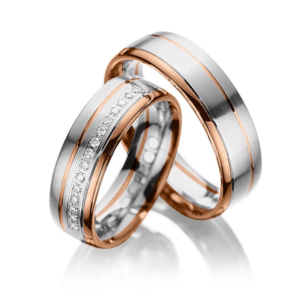 Set Bicolor trouwringen in roodgoud 14 kt. witgoud 14 kt. met in totaal 0,15 ct. Briljant tw/si van acredo - A-1034-9 Set Bicolor trouwringen in roodgoud 14 kt. witgoud 14 kt. met in totaal 0,15 ct. Briljant tw/si van acredo - A-1034-9
