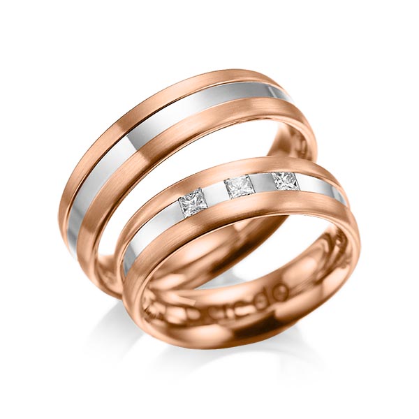 Set Bicolor trouwringen in roodgoud 14 kt. witgoud 14 kt. met in totaal 0,18 ct. Princess-Diamant tw/si van acredo - A-1021-12 Set Bicolor trouwringen in roodgoud 14 kt. witgoud 14 kt. met in totaal 0,18 ct. Princess-Diamant tw/si van acredo - A-1021-12