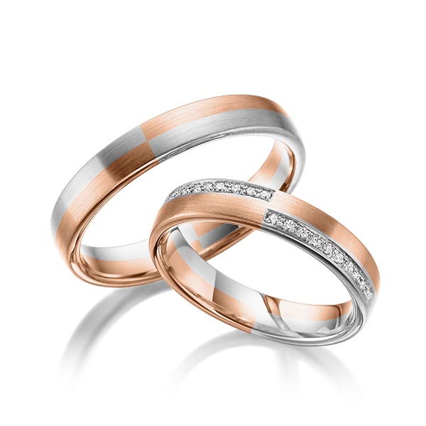 Set Bicolor trouwringen in roodgoud 14 kt. witgoud 14 kt. met in totaal 0,1 ct. Briljant tw/si van Eternal Touch - Y-1375-4 Set Bicolor trouwringen in roodgoud 14 kt. witgoud 14 kt. met in totaal 0,1 ct. Briljant tw/si van Eternal Touch - Y-1375-4