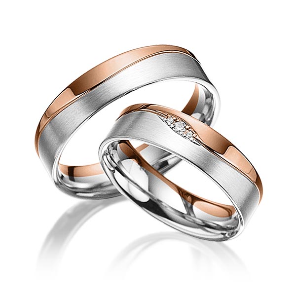 Set Bicolor trouwringen in roodgoud 18 kt. platina 950 met in totaal 0,03 ct. Briljant tw/si van acredo - A-3023-7 Set Bicolor trouwringen in roodgoud 18 kt. platina 950 met in totaal 0,03 ct. Briljant tw/si van acredo - A-3023-7