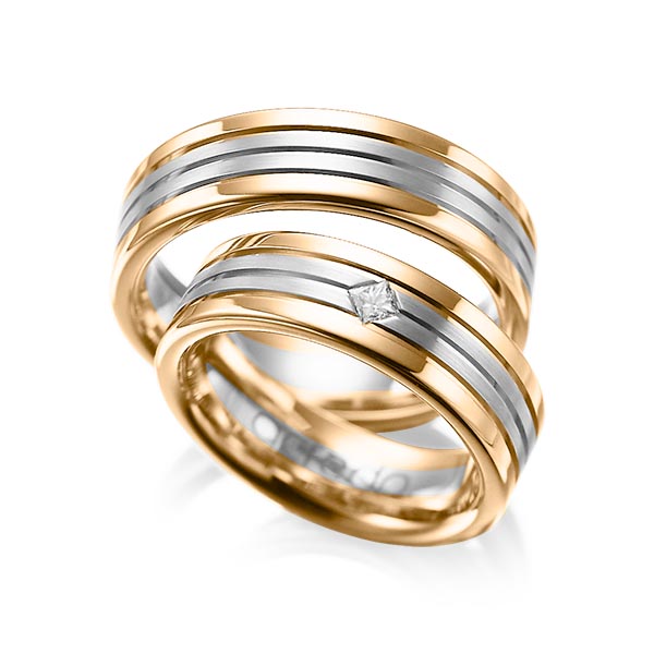 Set Bicolor trouwringen in roségoud 14 kt. grijsgoud 14 kt. met in totaal 0,08 ct. Princess-Diamant tw/si van acredo - A-1023-2 Set Bicolor trouwringen in roségoud 14 kt. grijsgoud 14 kt. met in totaal 0,08 ct. Princess-Diamant tw/si van acredo - A-1023-2