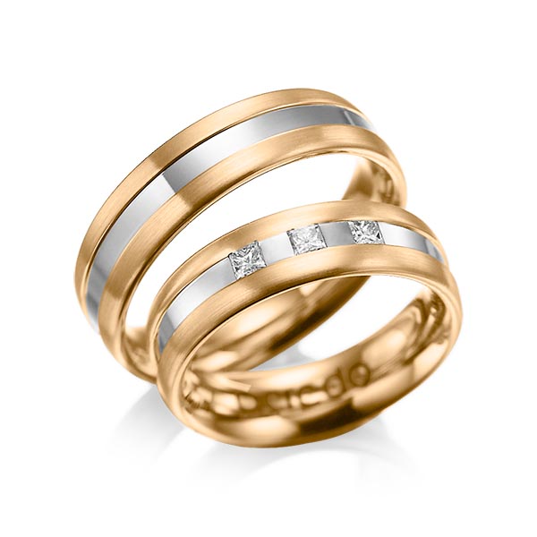 Set Bicolor trouwringen in roségoud 14 kt. grijsgoud 14 kt. met in totaal 0,18 ct. Princess-Diamant tw/si van acredo - A-1021-2 Set Bicolor trouwringen in roségoud 14 kt. grijsgoud 14 kt. met in totaal 0,18 ct. Princess-Diamant tw/si van acredo - A-1021-2