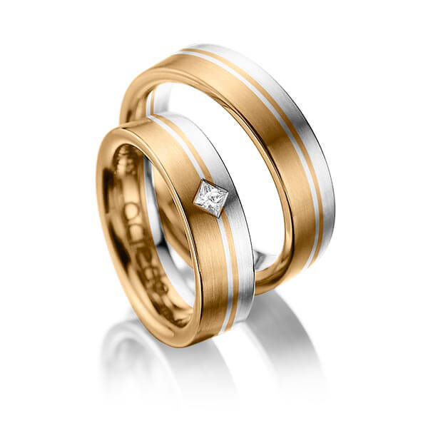 Set Bicolor trouwringen in roségoud 14 kt. witgoud 14 kt. met in totaal 0,1 ct. Princess-Diamant tw/si van acredo - A-1020-11 Set Bicolor trouwringen in roségoud 14 kt. witgoud 14 kt. met in totaal 0,1 ct. Princess-Diamant tw/si van acredo - A-1020-11