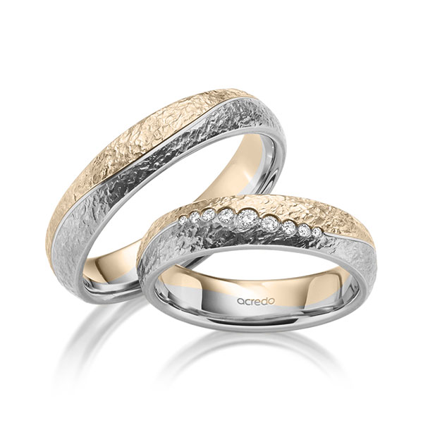 Set Bicolor trouwringen in Signature Gold 585 grijsgoud 14 kt. crushed met in totaal 0,101 ct. Briljant tw/si van acredo - A-2083-3 Set Bicolor trouwringen in Signature Gold 585 grijsgoud 14 kt. crushed met in totaal 0,101 ct. Briljant tw/si van acredo - A-2083-3