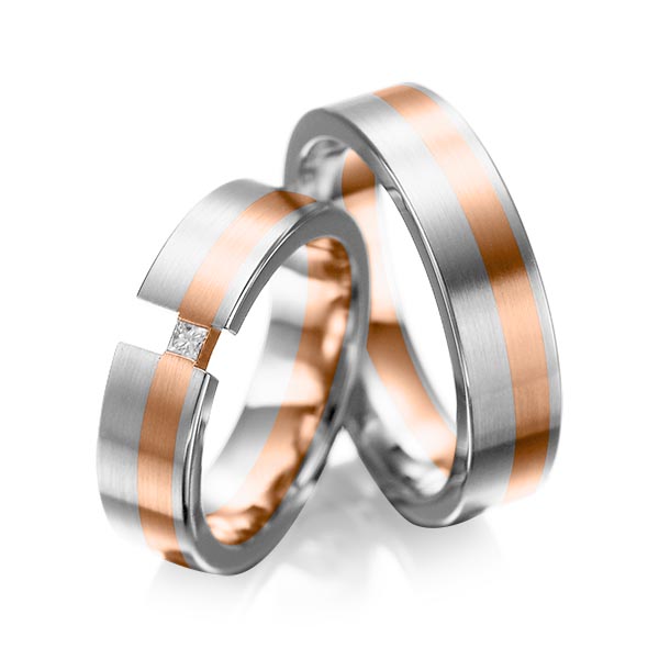 Set Bicolor trouwringen in witgoud 14 kt. roodgoud 14 kt. met in totaal 0,05 ct. Princess-Diamant tw/si van acredo - A-1025-1 Set Bicolor trouwringen in witgoud 14 kt. roodgoud 14 kt. met in totaal 0,05 ct. Princess-Diamant tw/si van acredo - A-1025-1