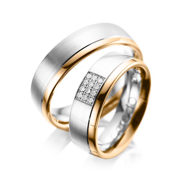 Set Bicolor trouwringen in witgoud 14 kt. roségoud 14 kt. met in totaal 0,096 ct. Briljant tw/si van acredo - A-1043-4 Set Bicolor trouwringen in witgoud 14 kt. roségoud 14 kt. met in totaal 0,096 ct. Briljant tw/si van acredo - A-1043-4