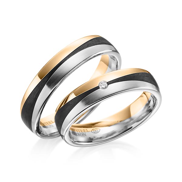 Set Carbon trouwringen in roségoud 14 kt. roségoud 14 kt. met Carbon indentation edelstaal met Carbon indentation met in totaal 0,02 ct. Briljant tw/si van Eternal Touch - Y-1344-3 Set Carbon trouwringen in roségoud 14 kt. roségoud 14 kt. met Carbon indentation edelstaal met Carbon indentation met in totaal 0,02 ct. Briljant tw/si van Eternal Touch - Y-1344-3