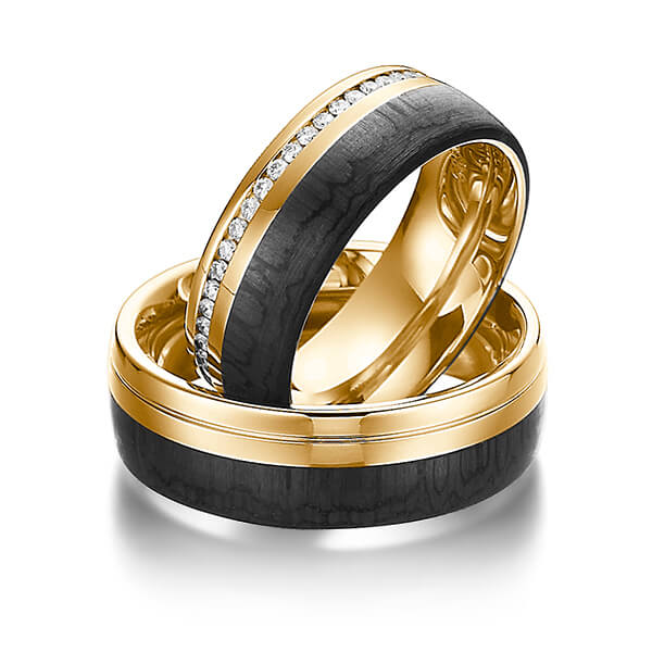 Set Carbon trouwringen in roségoud 14 kt. roségoud 14 kt. met Carbon indentation met in totaal 0,4 ct. Briljant tw/si van Eternal Touch - Y-1351-2 Set Carbon trouwringen in roségoud 14 kt. roségoud 14 kt. met Carbon indentation met in totaal 0,4 ct. Briljant tw/si van Eternal Touch - Y-1351-2