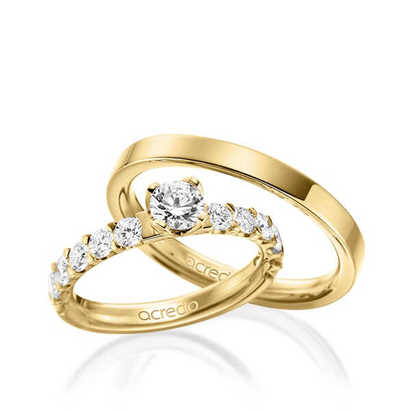 Set in geelgoud 14 kt. met 0,5 ct. + in totaal 1,08 ct. Briljanten tw/si van acredo - A-1562-1 Set in geelgoud 14 kt. met 0,5 ct. + in totaal 1,08 ct. Briljanten tw/si van acredo - A-1562-1