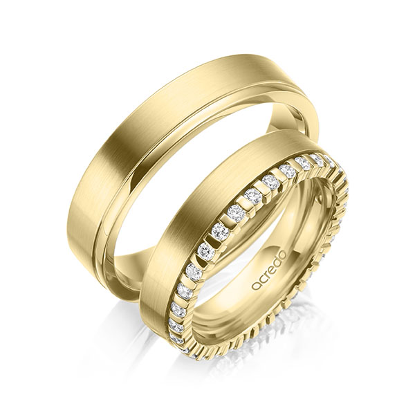 Set Klassieke Memoire-trouwringen in geelgoud 14 kt. volledig gezet met in totaal 0,465 ct. tw/si van acredo - A-2105-3 Set Klassieke Memoire-trouwringen in geelgoud 14 kt. volledig gezet met in totaal 0,465 ct. tw/si van acredo - A-2105-3
