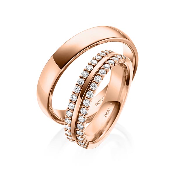 Set klassieke Memoire-trouwringen in roodgoud 14 kt. half gezet met in totaal 0,51 ct. tw/si van acredo - A-2110-2 Set klassieke Memoire-trouwringen in roodgoud 14 kt. half gezet met in totaal 0,51 ct. tw/si van acredo - A-2110-2