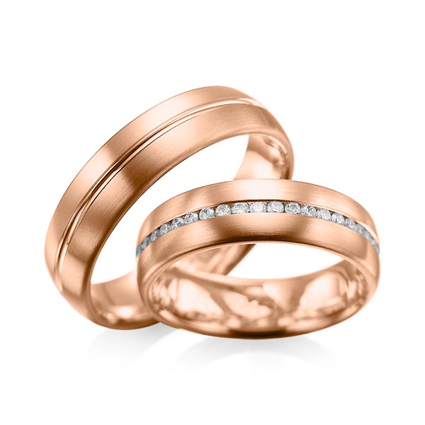 Set Klassieke Memoire-trouwringen in roodgoud 14 kt. volledig gezet met in totaal 0,615 ct. Briljant tw/si van acredo - A-1031-8 Set Klassieke Memoire-trouwringen in roodgoud 14 kt. volledig gezet met in totaal 0,615 ct. Briljant tw/si van acredo - A-1031-8
