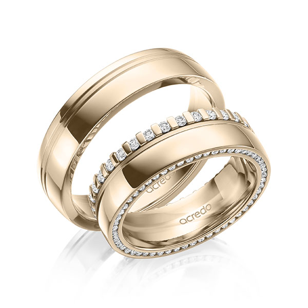 Set Klassieke Memoire-trouwringen in Signature Gold 585 volledig gezet met in totaal 0,75 ct. Briljant tw/si van acredo - A-2101-17 Set Klassieke Memoire-trouwringen in Signature Gold 585 volledig gezet met in totaal 0,75 ct. Briljant tw/si van acredo - A-2101-17
