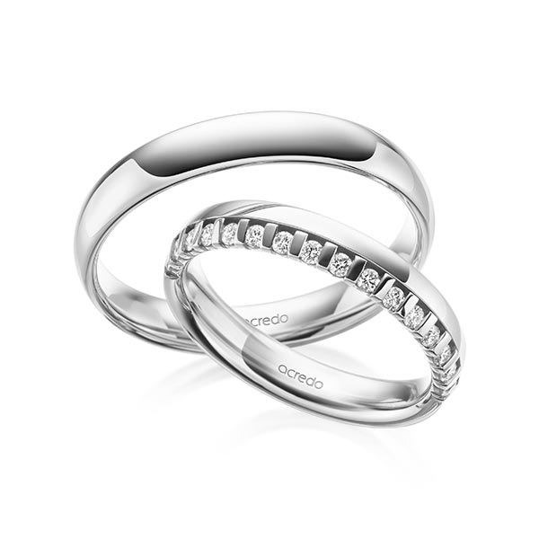Set klassieke Memoire-trouwringen in witgoud 14 kt. half gezet met in totaal 0,225 ct. tw/si van acredo - A-2107-2 Set klassieke Memoire-trouwringen in witgoud 14 kt. half gezet met in totaal 0,225 ct. tw/si van acredo - A-2107-2