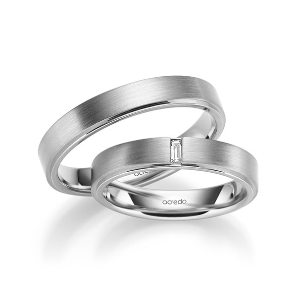 Set Klassieke trouwringen in buiten witgoud 14 kt. , binnen witgoud 14 kt. met in totaal 0,06 ct. Baguette-Diamant tw,vs van acredo - A-1054-17 Set Klassieke trouwringen in buiten witgoud 14 kt. , binnen witgoud 14 kt. met in totaal 0,06 ct. Baguette-Diamant tw,vs van acredo - A-1054-17