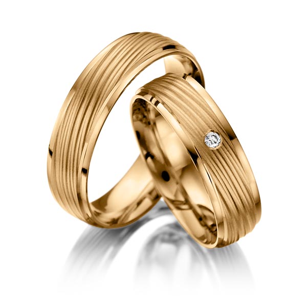 Set Klassieke trouwringen in roségoud 14 kt. met in totaal 0,03 ct. Briljant tw/si van Steinberg - T-1055-13 Set Klassieke trouwringen in roségoud 14 kt. met in totaal 0,03 ct. Briljant tw/si van Steinberg - T-1055-13